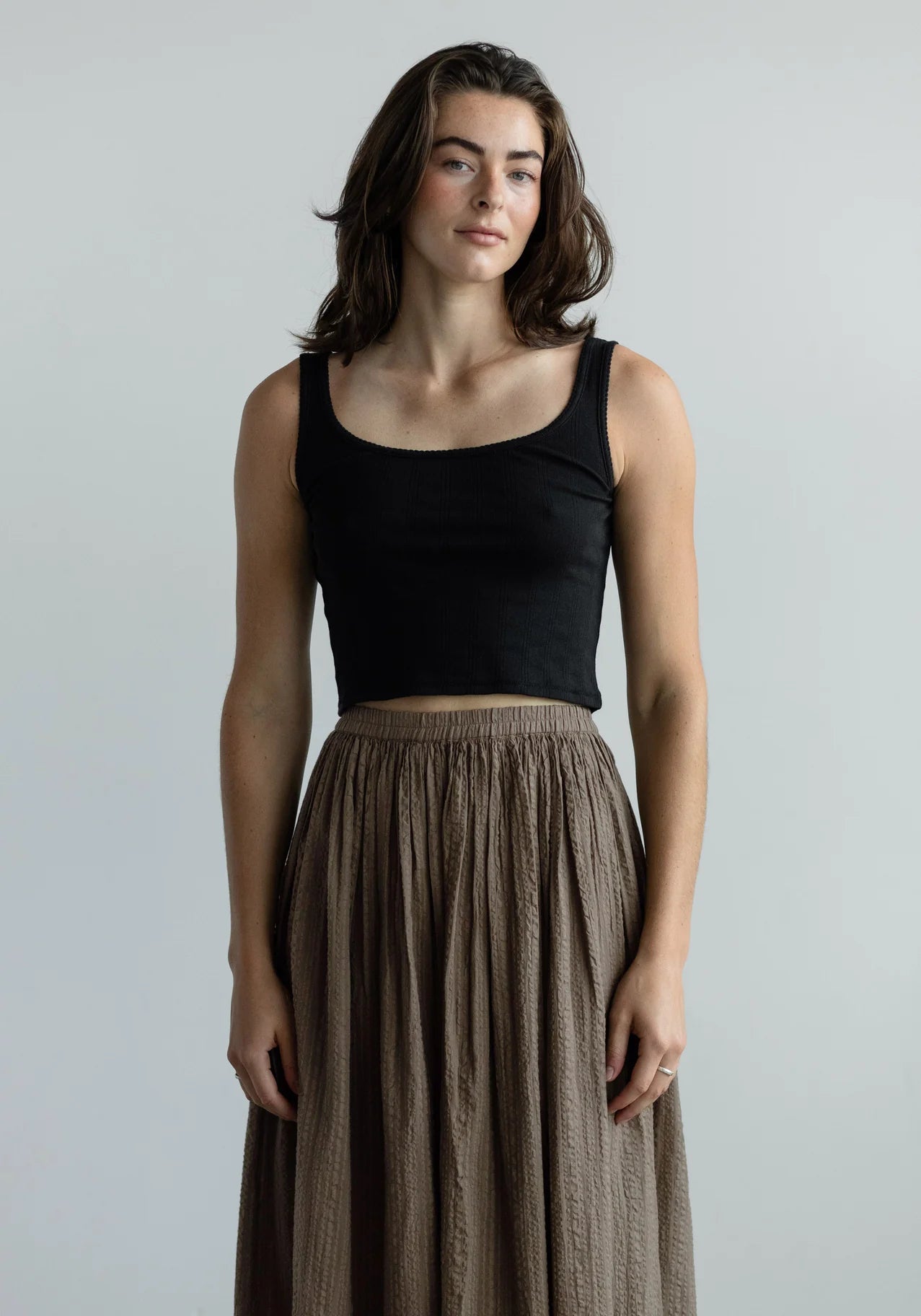Crop Pointelle Scoop Tank - Black