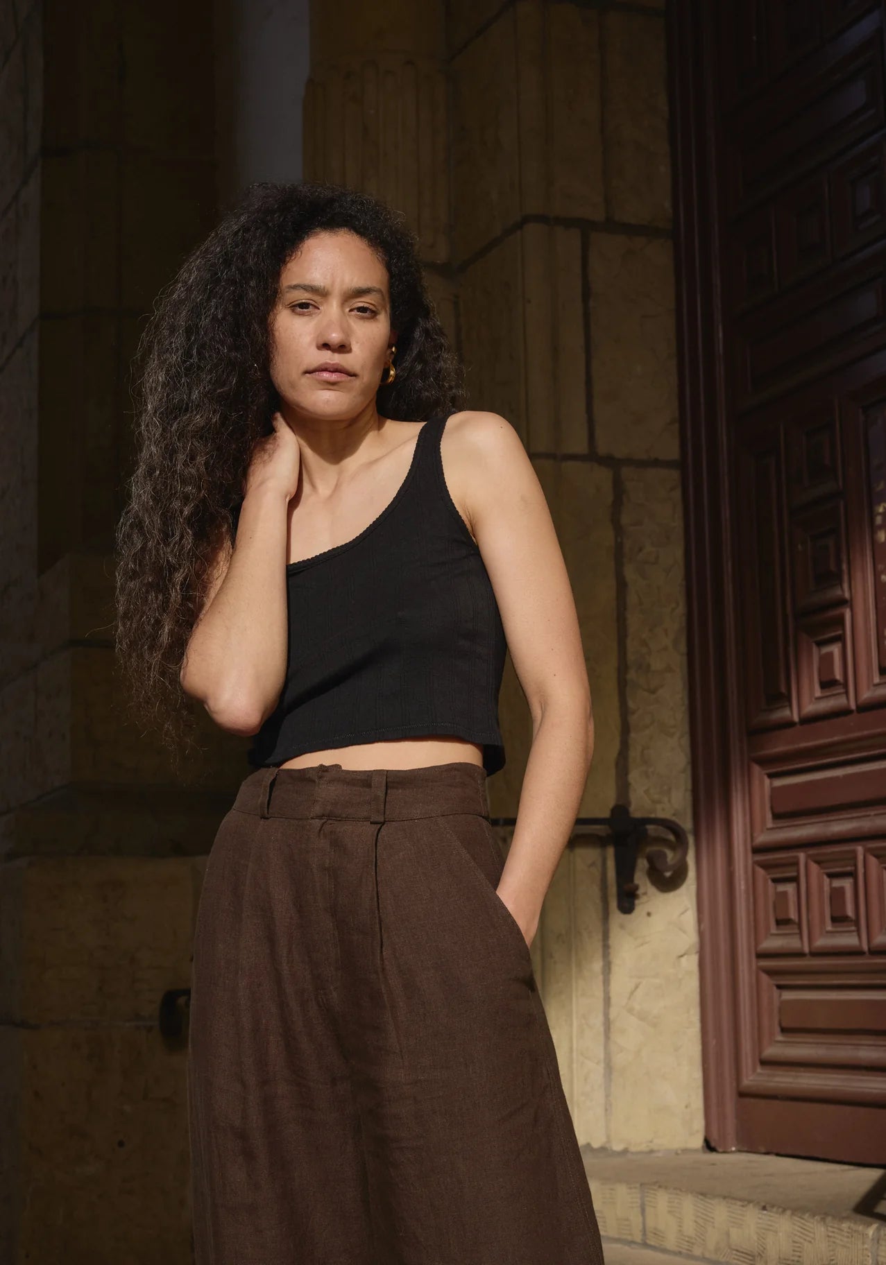 Crop Pointelle Scoop Tank - Black