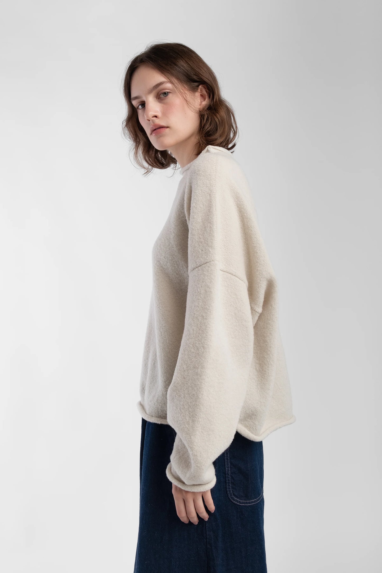Boucle Rolled Sweater - Cream