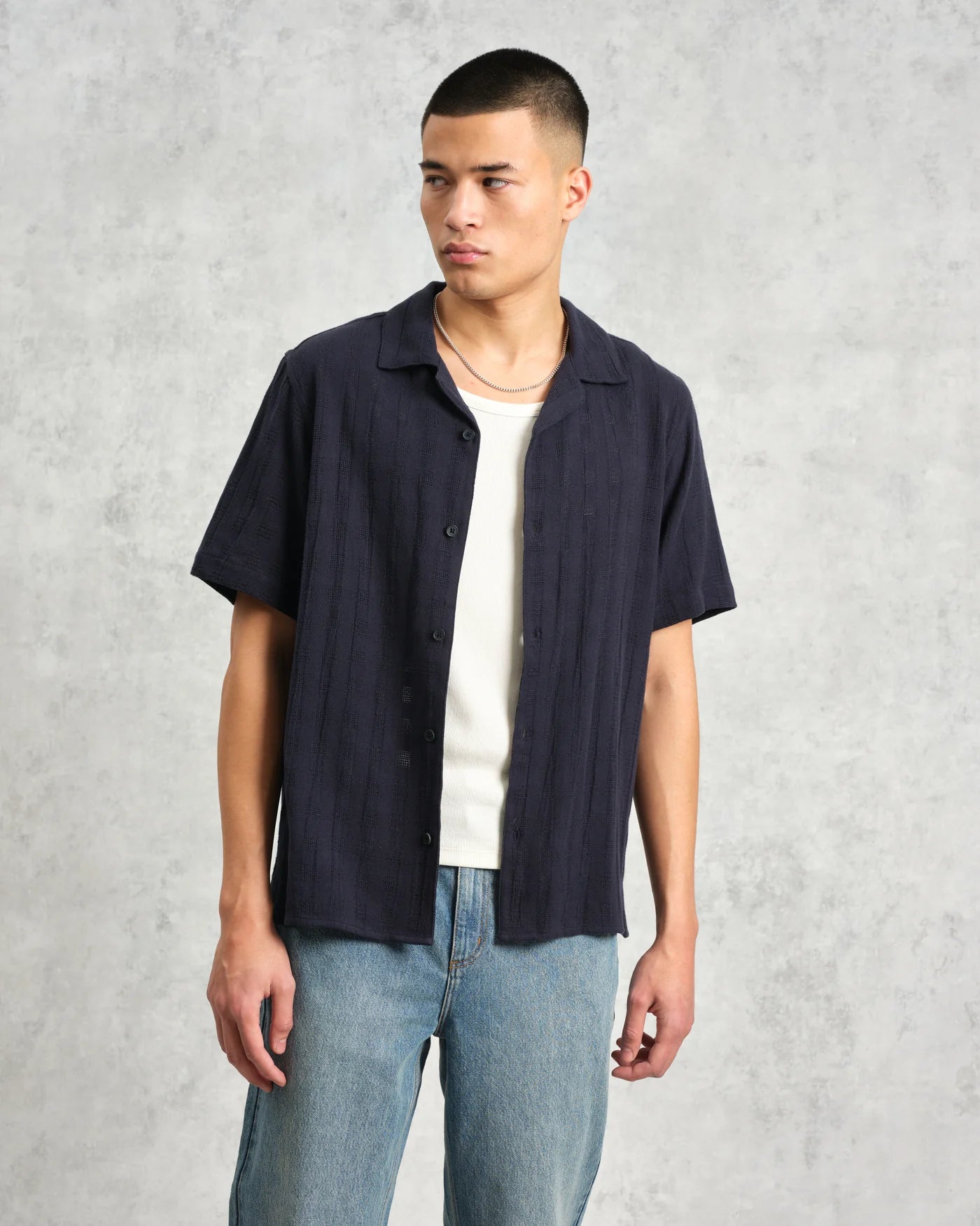 Didcot Open Weave Grid Short Sleeve Shirt - Navy