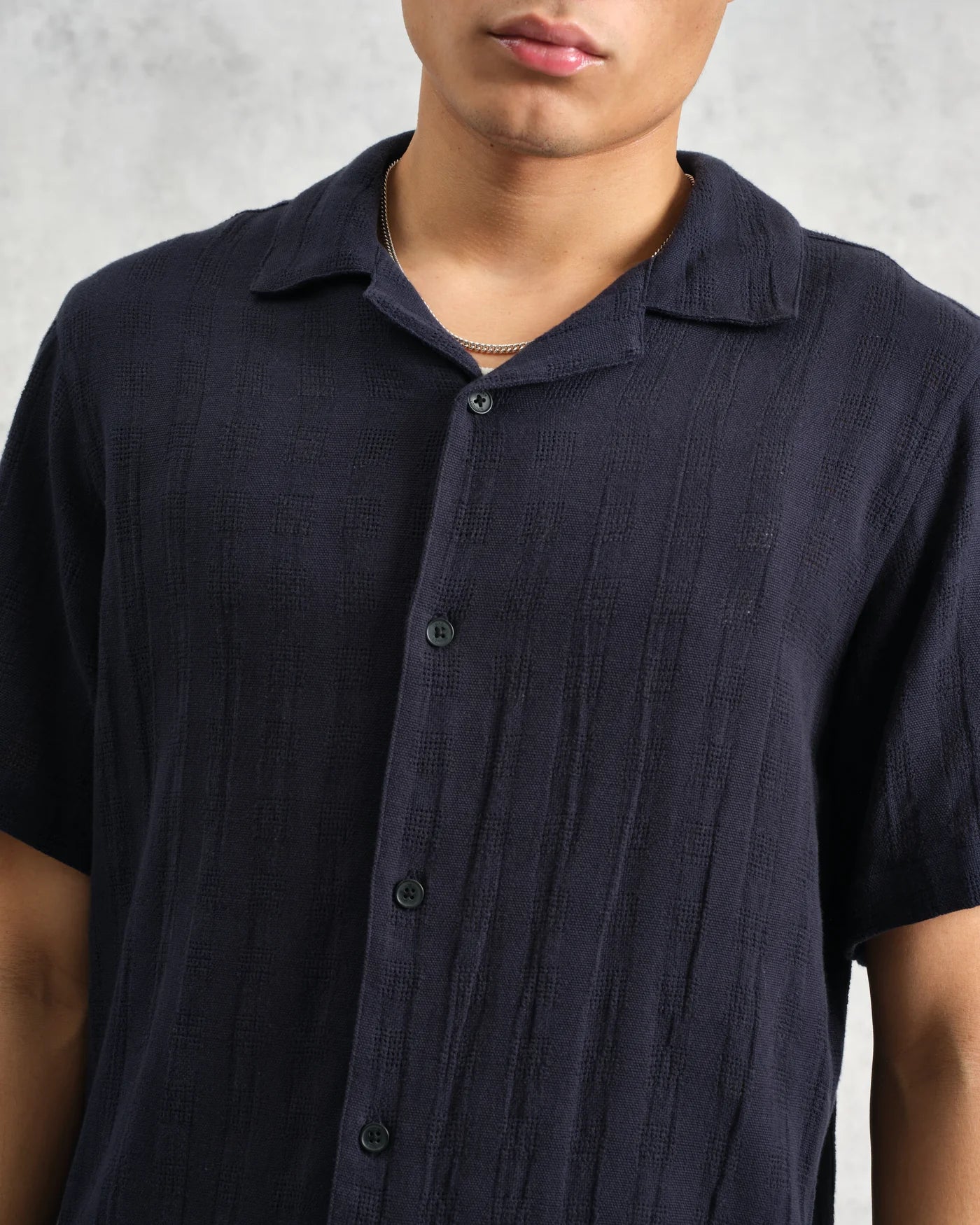Didcot Open Weave Grid Short Sleeve Shirt - Navy