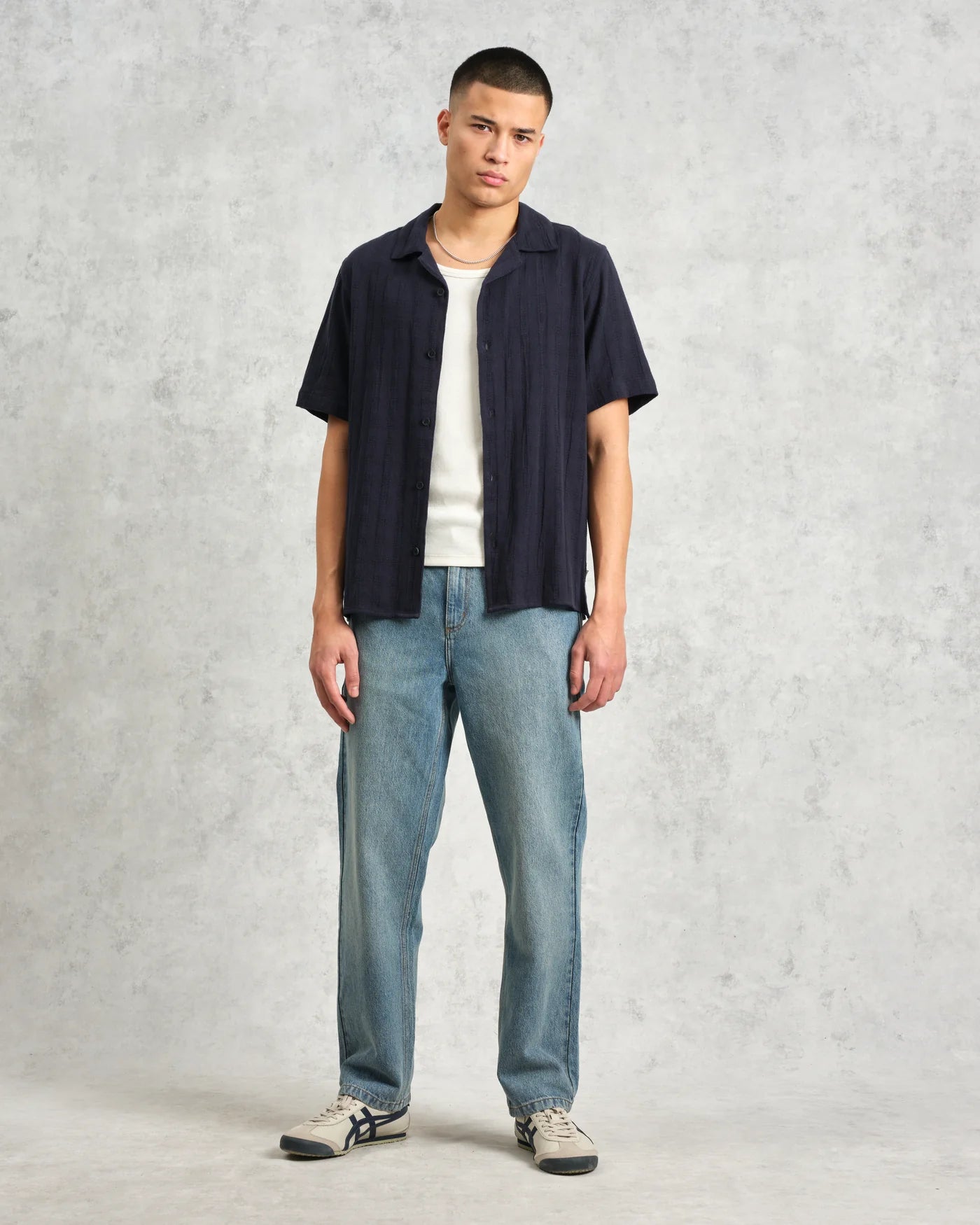 Didcot Open Weave Grid Short Sleeve Shirt - Navy