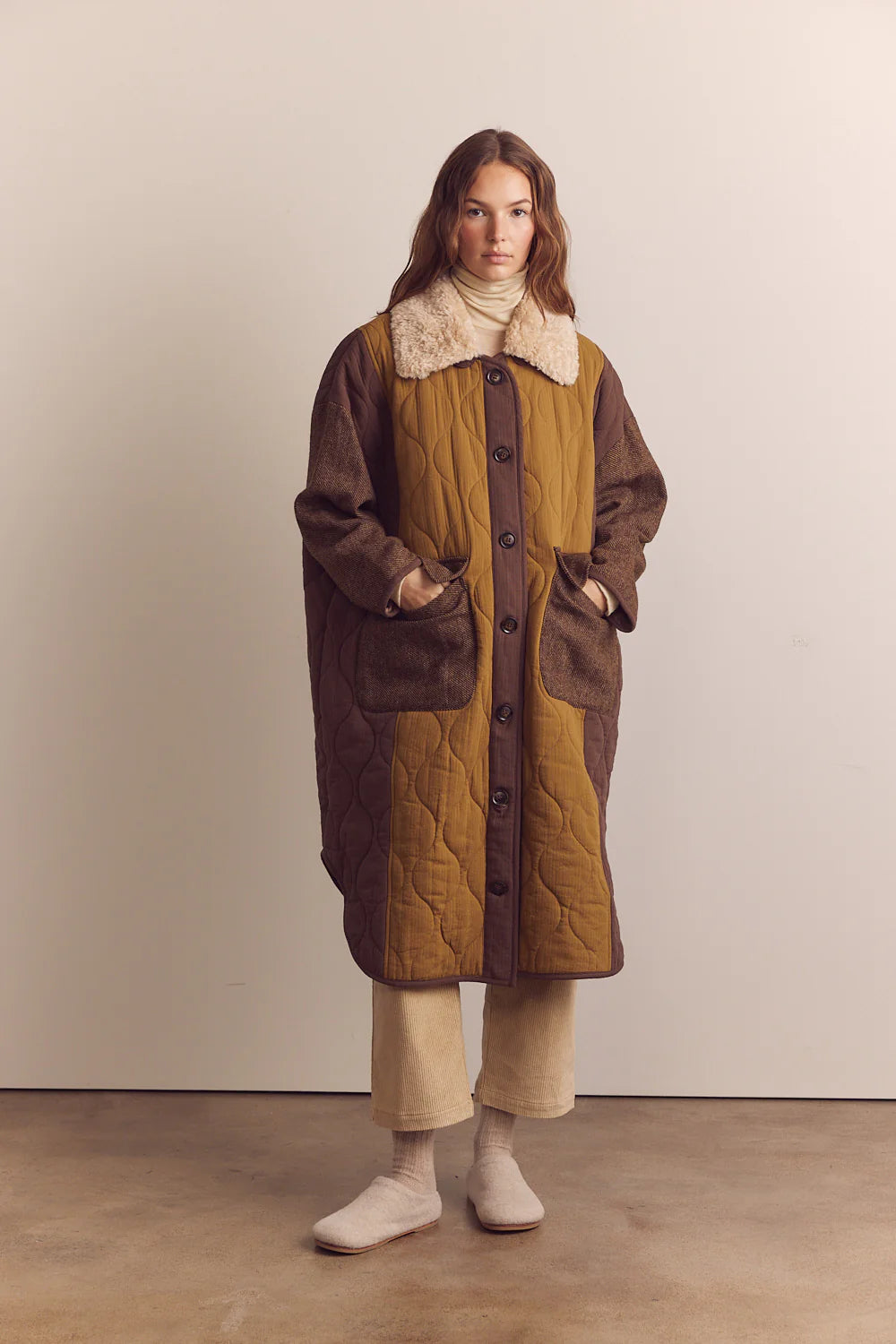 Patch Quilted Wool Blend Coat