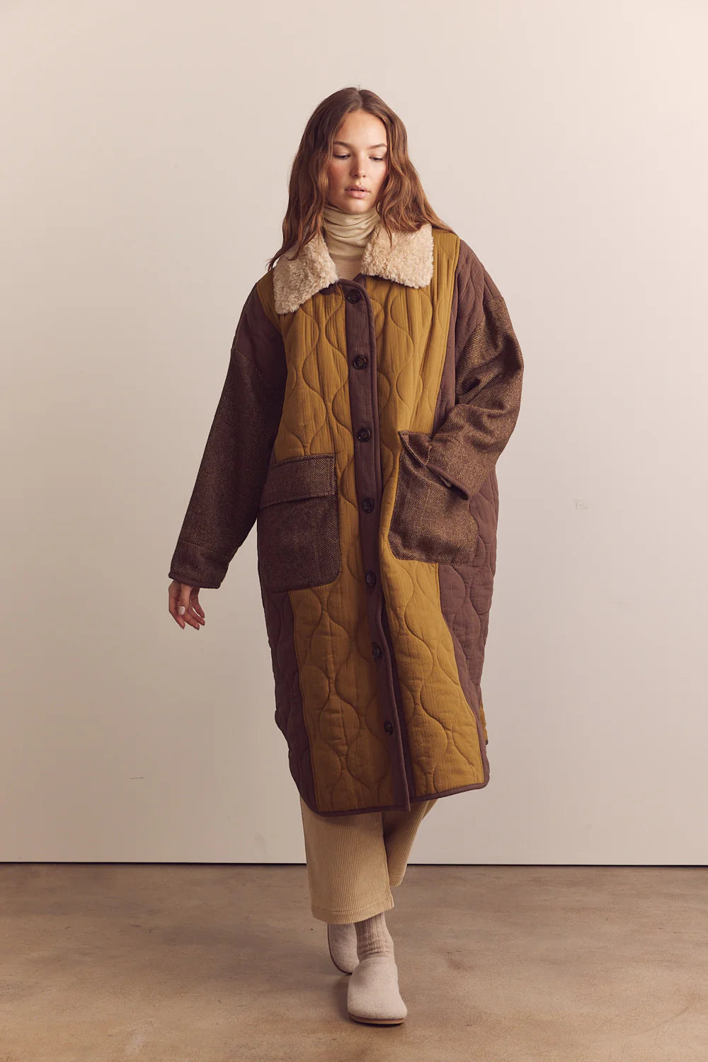 Patch Quilted Wool Blend Coat