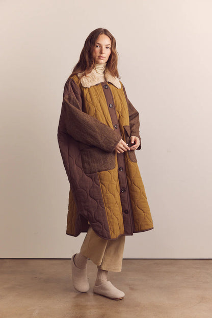 Patch Quilted Wool Blend Coat