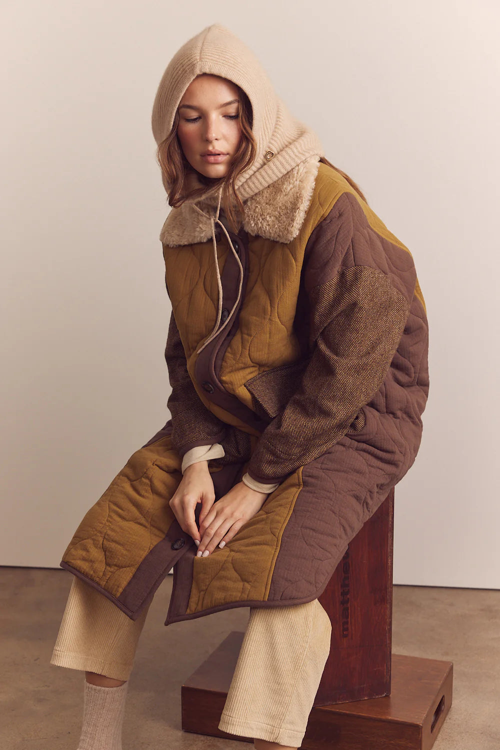 Patch Quilted Wool Blend Coat