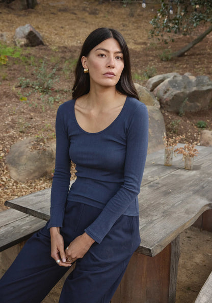 Scoop Pointelle Tee Long Sleeve - Navy