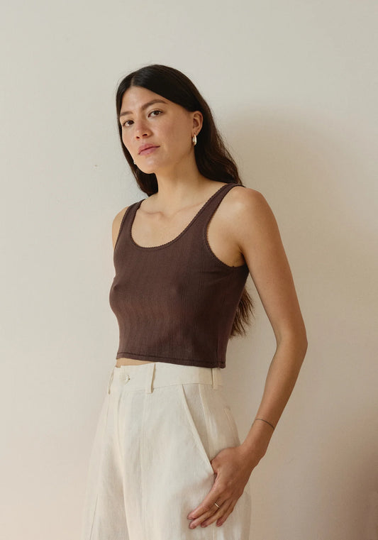 Crop Pointelle Scoop Tank - Walnut