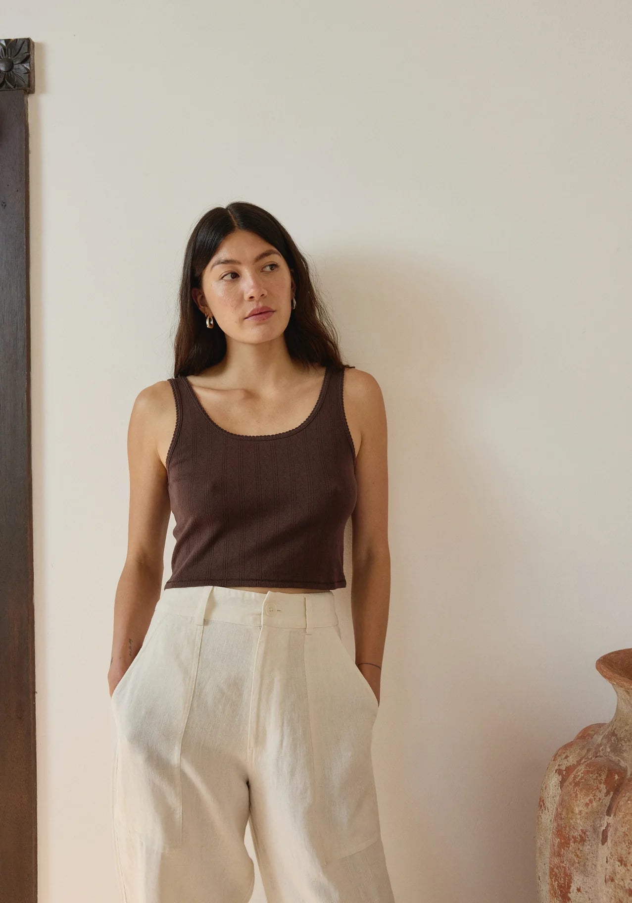 Crop Pointelle Scoop Tank - Walnut