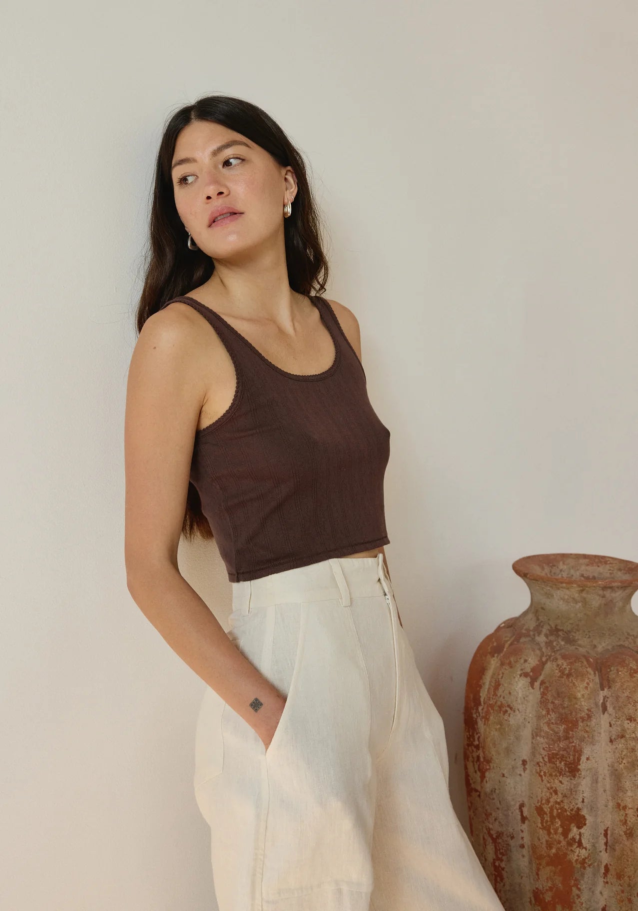 Crop Pointelle Scoop Tank - Walnut