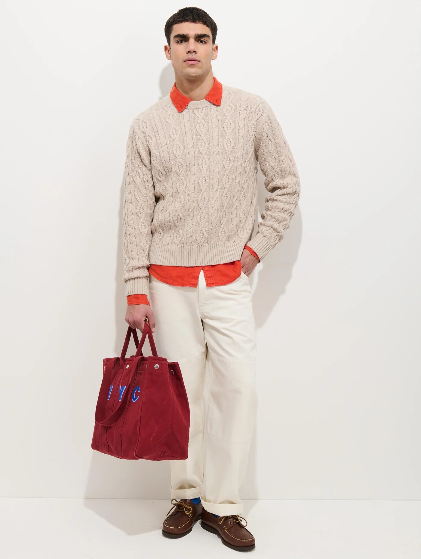 Aaron Cable Sweater in Cotton - Heather Sand