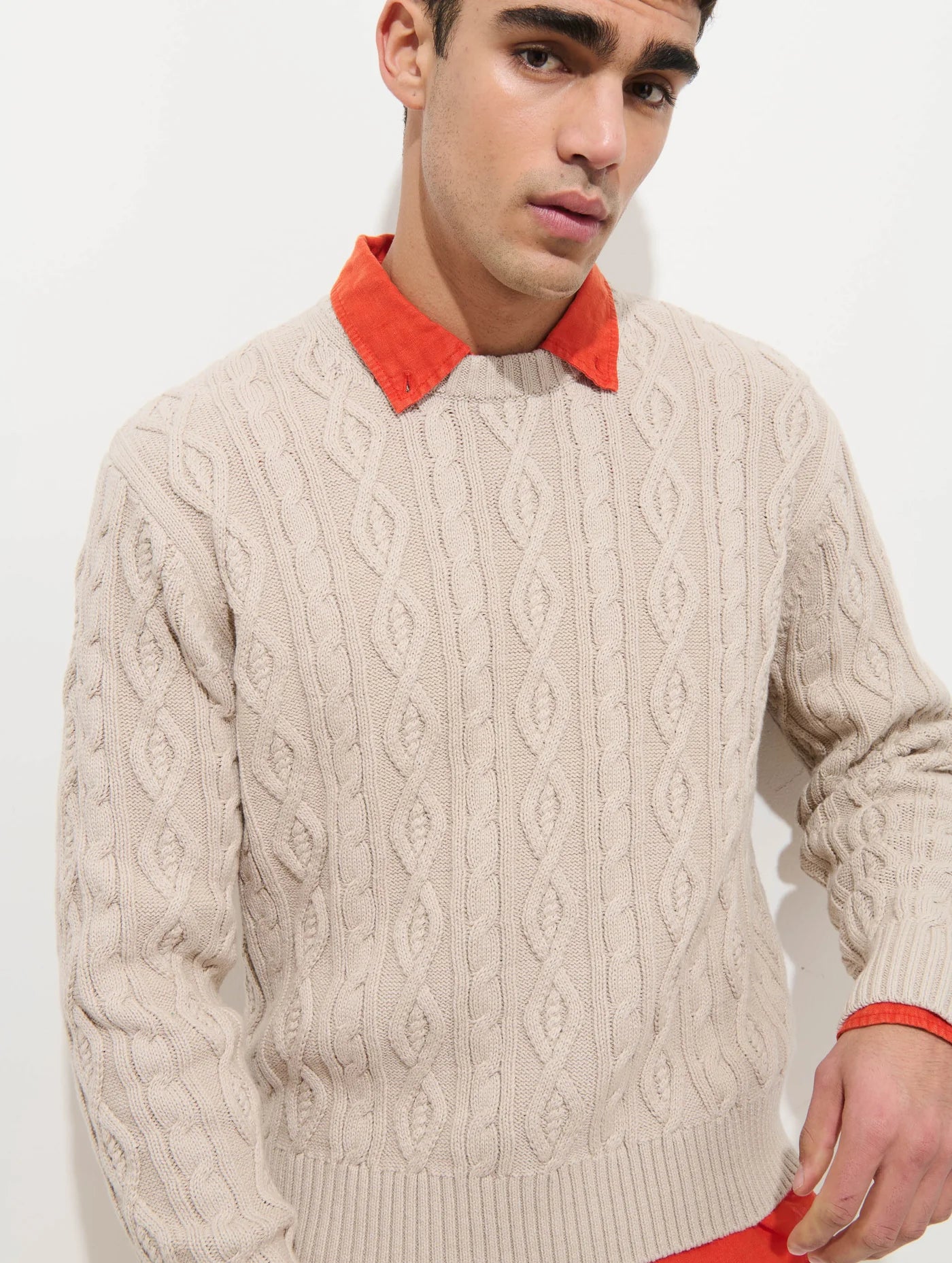 Aaron Cable Sweater in Cotton - Heather Sand