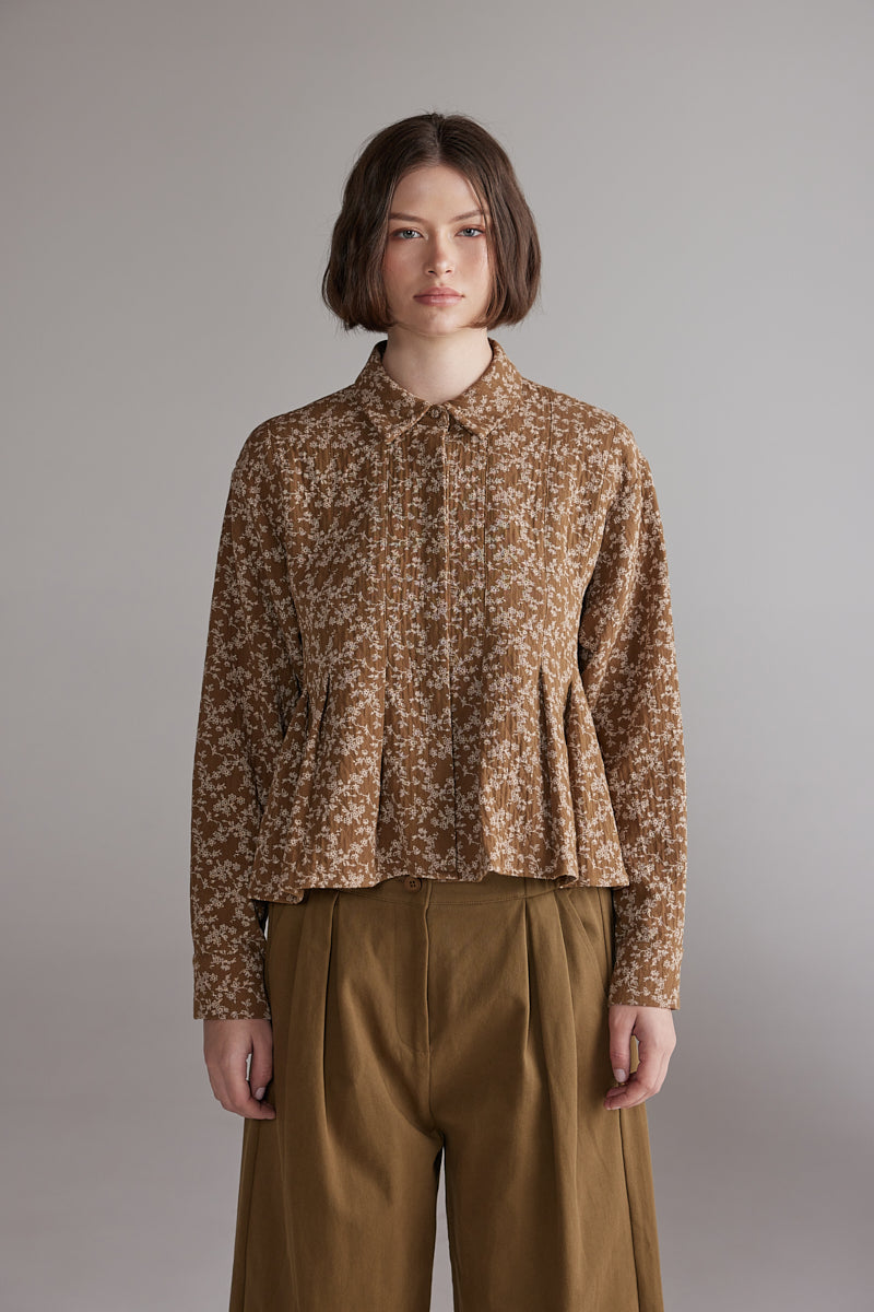 Printed Pleated Blouse - Gold/Cream