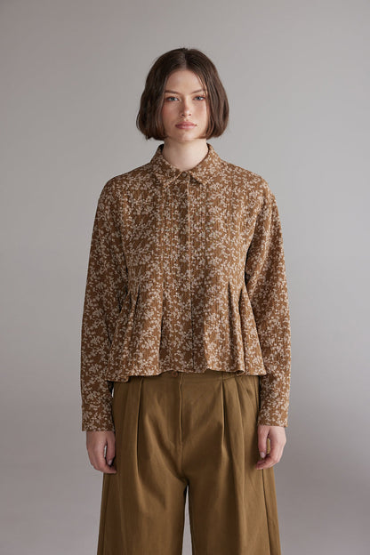 Printed Pleated Blouse - Gold/Cream