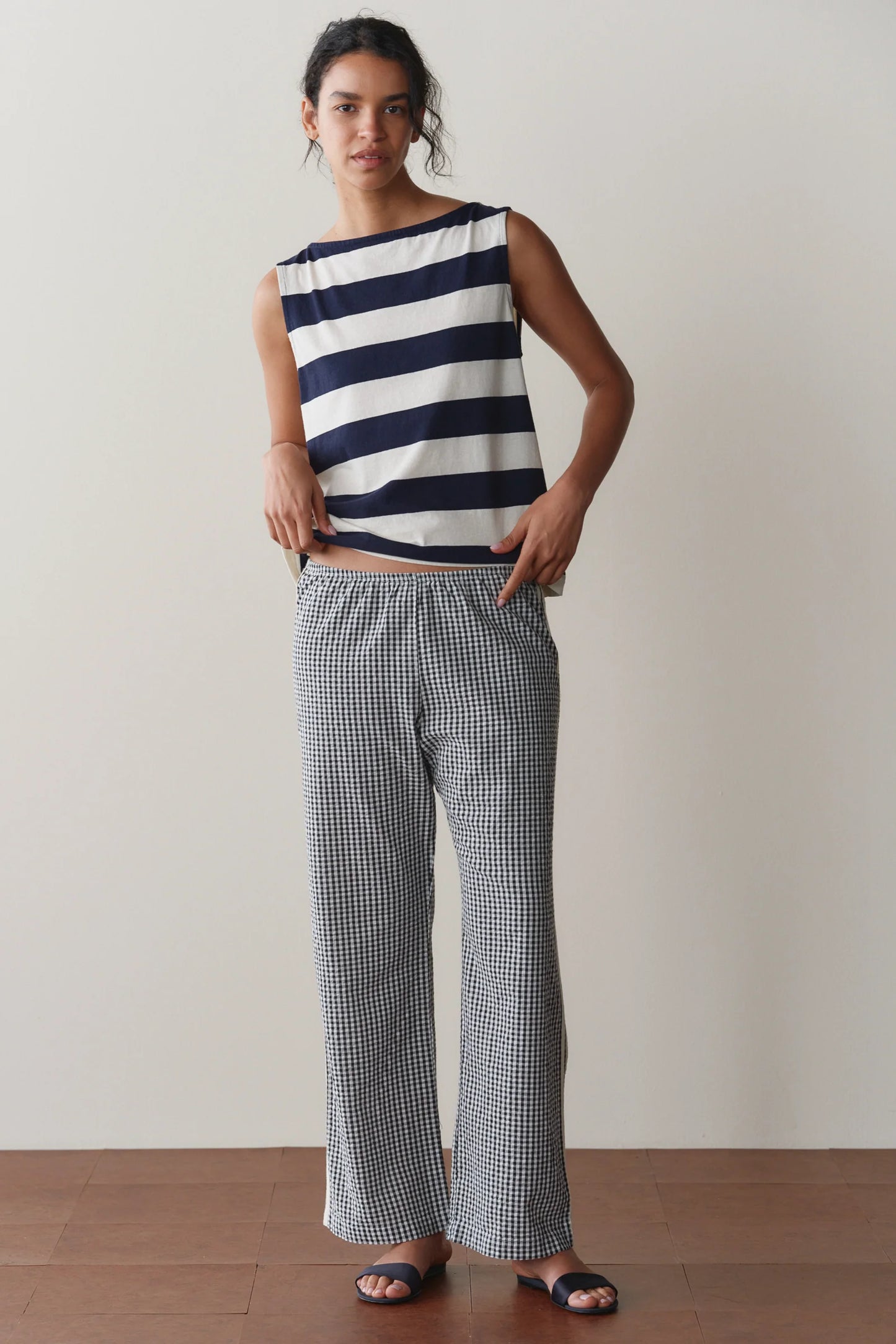 The Cotton Gingham Stripe Crop Pant- Jet