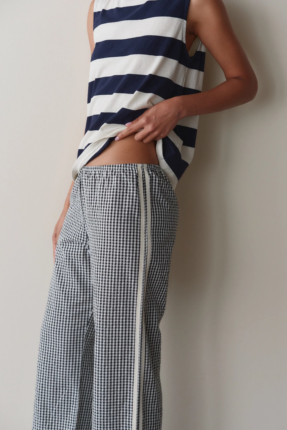 The Cotton Gingham Stripe Crop Pant- Jet