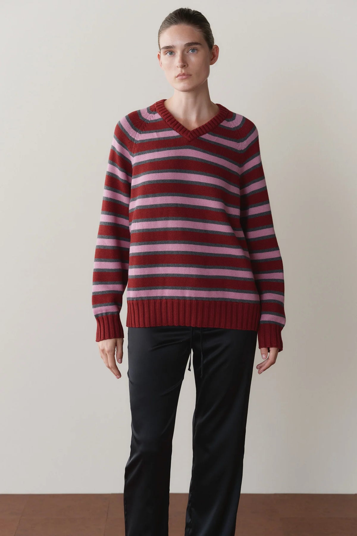 The Cotton Knit Stripe V-Neck Sweater - Oxblood.