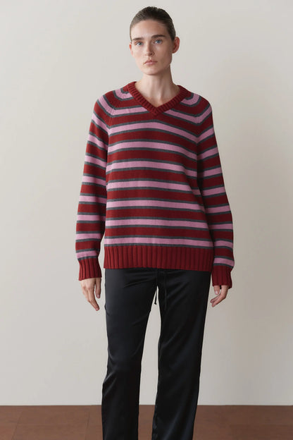 The Cotton Knit Stripe V-Neck Sweater - Oxblood.