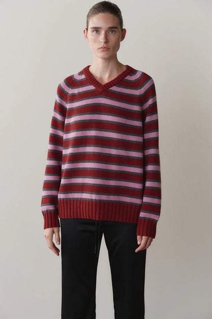 The Cotton Knit Stripe V-Neck Sweater - Oxblood.