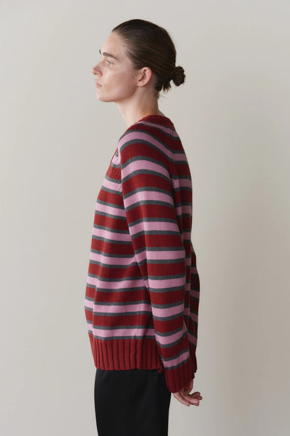 The Cotton Knit Stripe V-Neck Sweater - Oxblood.