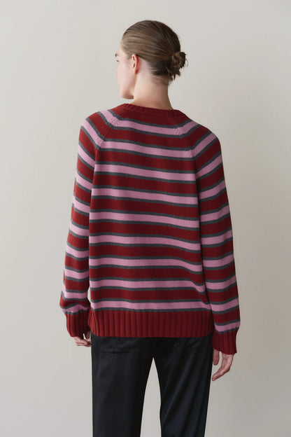 The Cotton Knit Stripe V-Neck Sweater - Oxblood.