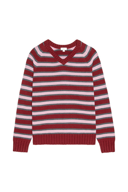 The Cotton Knit Stripe V-Neck Sweater - Oxblood.