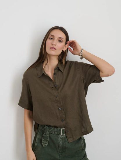Maddie Shirt In Linen - Deep Moss