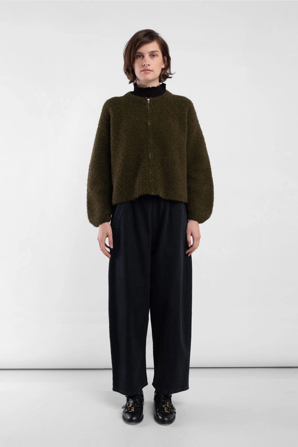 Olive Boucle Zip Cardigan