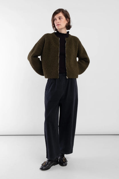 Olive Boucle Zip Cardigan