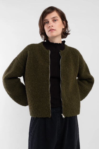 Olive Boucle Zip Cardigan