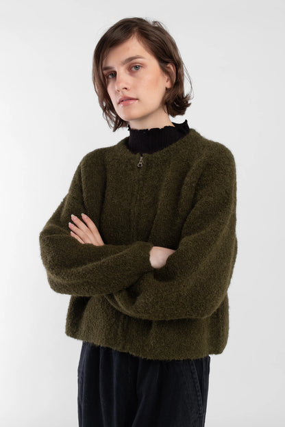 Olive Boucle Zip Cardigan
