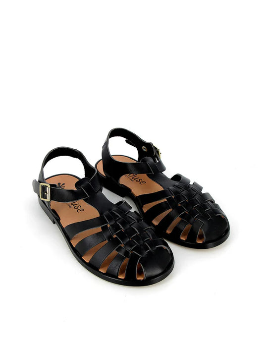 Sunville - Black Leather Fisherman Sandals