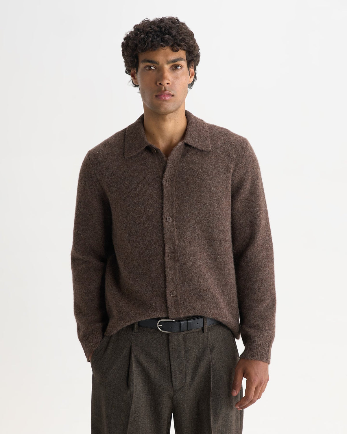 Tristan - Fluffy Wool Blend Long Sleeve Polo  - Chocolate Brown
