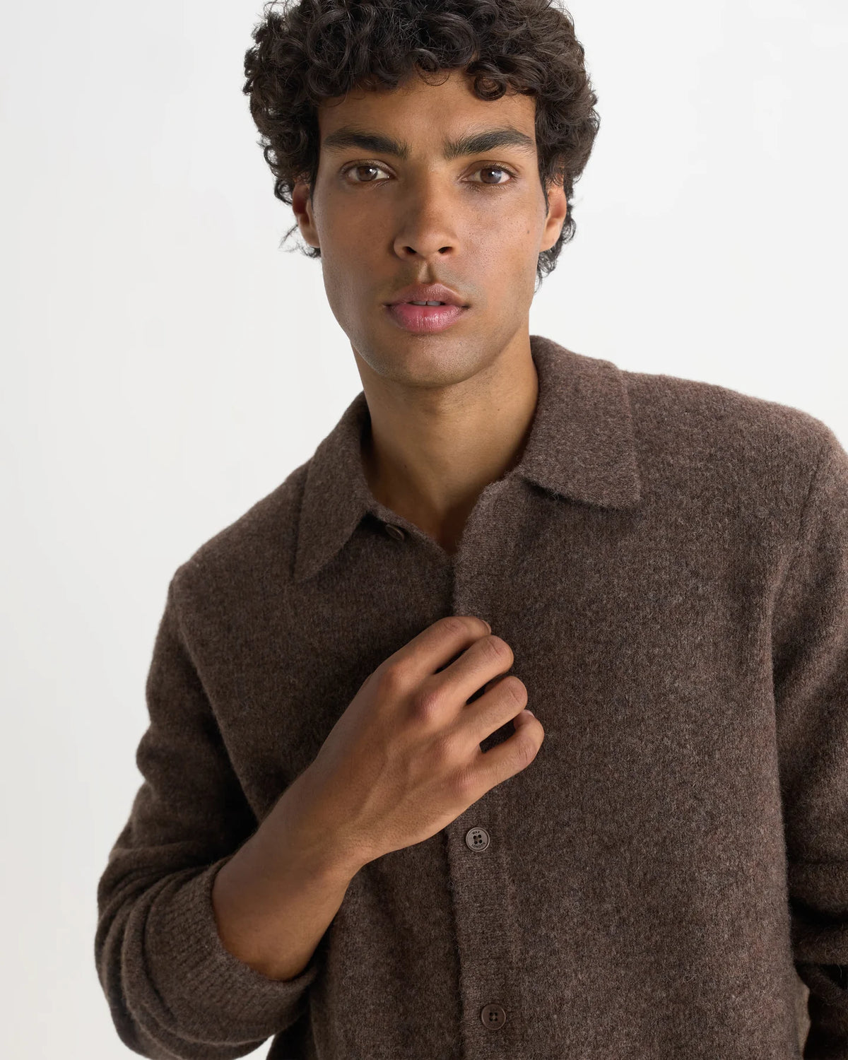 Tristan - Fluffy Wool Blend Long Sleeve Polo  - Chocolate Brown
