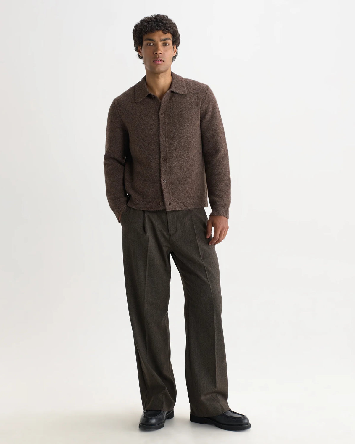 Tristan - Fluffy Wool Blend Long Sleeve Polo  - Chocolate Brown
