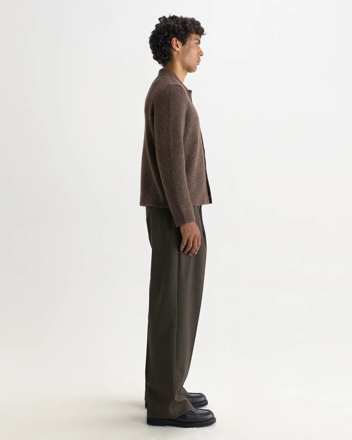 Tristan - Fluffy Wool Blend Long Sleeve Polo  - Chocolate Brown