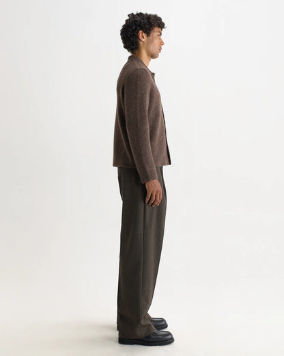 Tristan - Fluffy Wool Blend Long Sleeve Polo  - Chocolate Brown