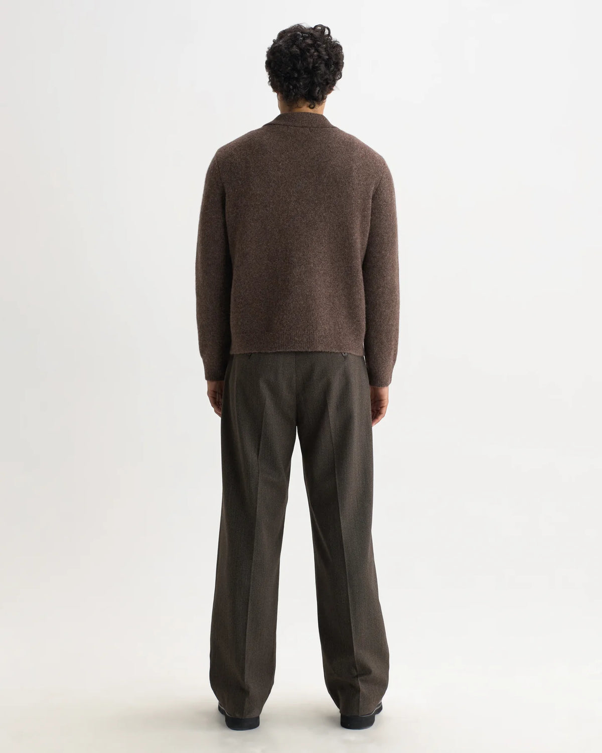 Tristan - Fluffy Wool Blend Long Sleeve Polo  - Chocolate Brown