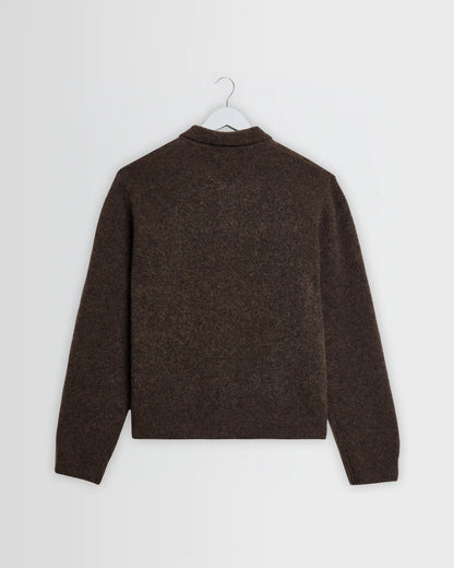 Tristan - Fluffy Wool Blend Long Sleeve Polo  - Chocolate Brown