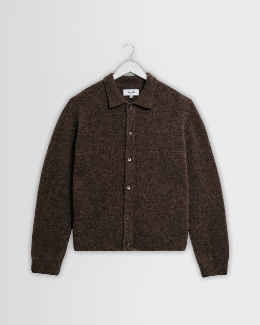 Tristan - Fluffy Wool Blend Long Sleeve Polo  - Chocolate Brown